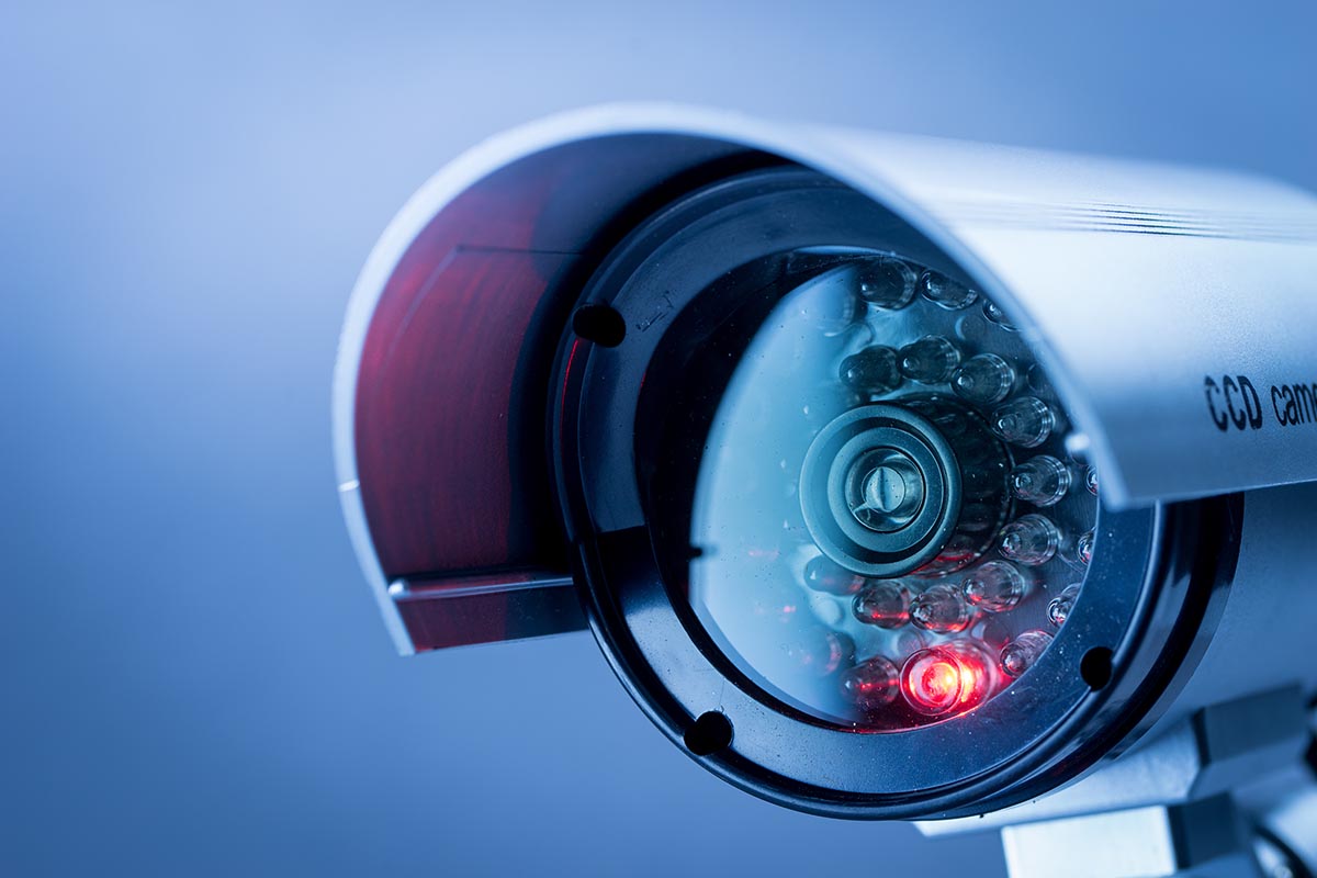 Close-up of a CCTV bullet camera with infrared night-vision LEDs